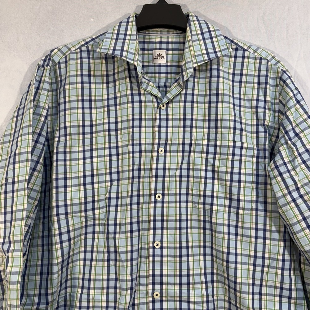 Peter Millar Plaid Check Striped Long Sleeve Button Shirt Comfort Stretch L Blue